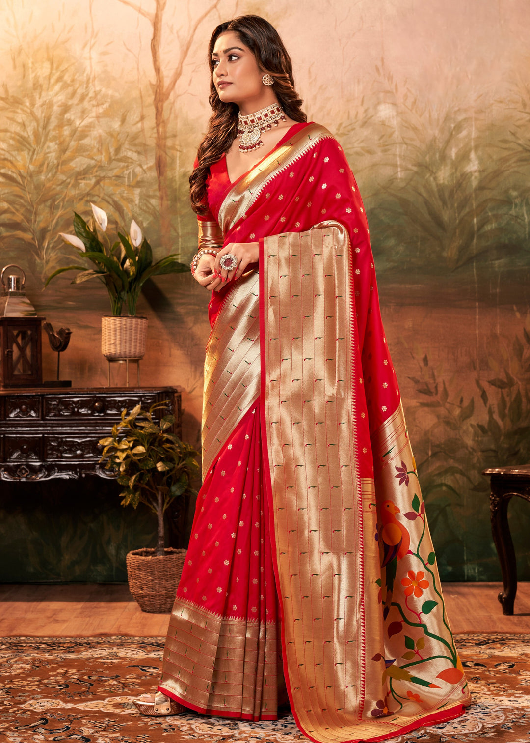 Scarlet Red Paithani Silk Saree With Zari Weaving