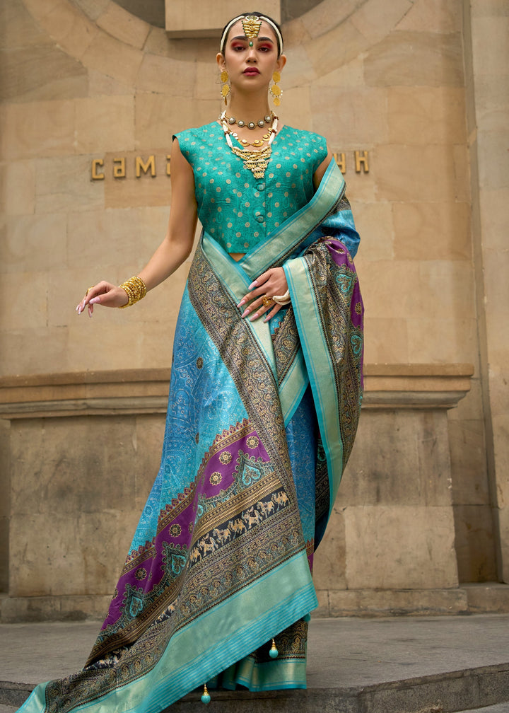 Light Blue Poly Viscose Silk Saree With Foil Print