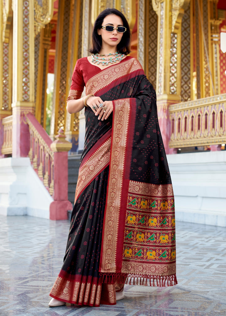 Midnight Black Tusser Handloom Silk Saree With Zari Weaving Border & Patola Weaved Pallu