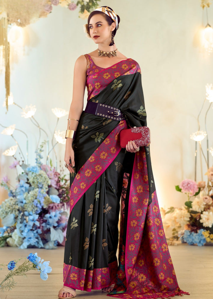 Sable Black Soft Silk Saree With Ikkat Border