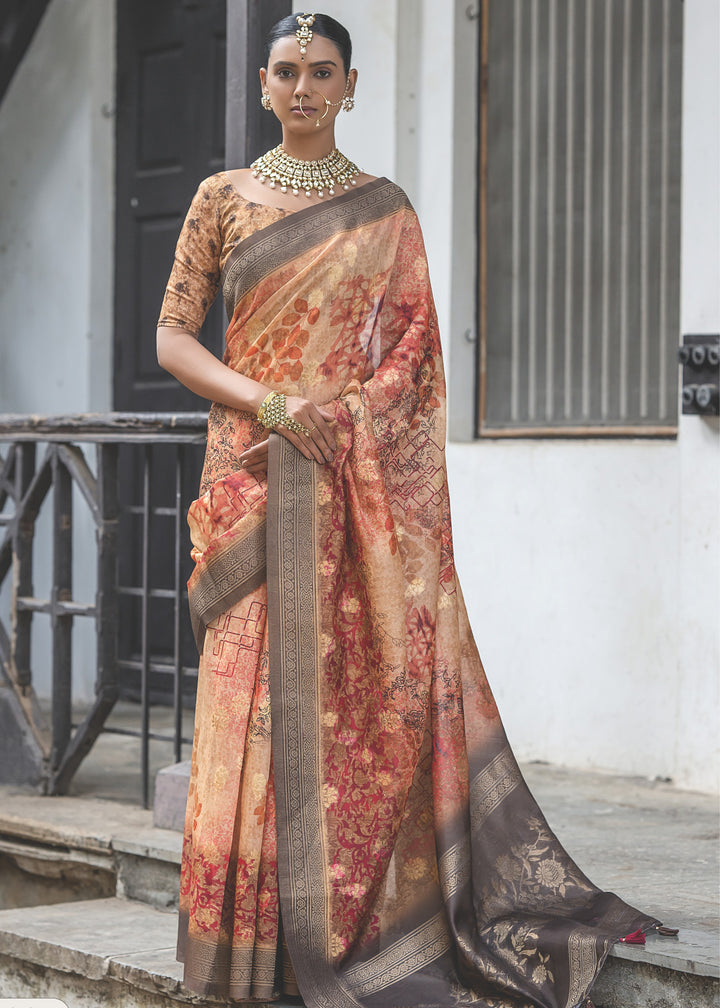 Orange and Grey Woven Silk Saree