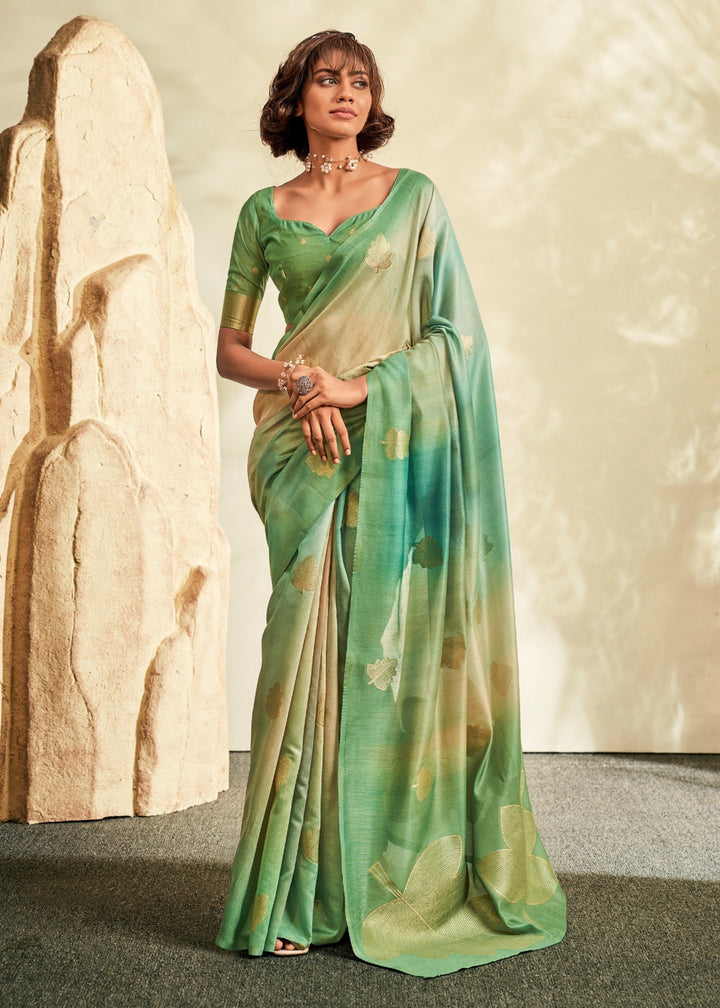 Emerald Green Handloom Khadi Silk with Digital Print