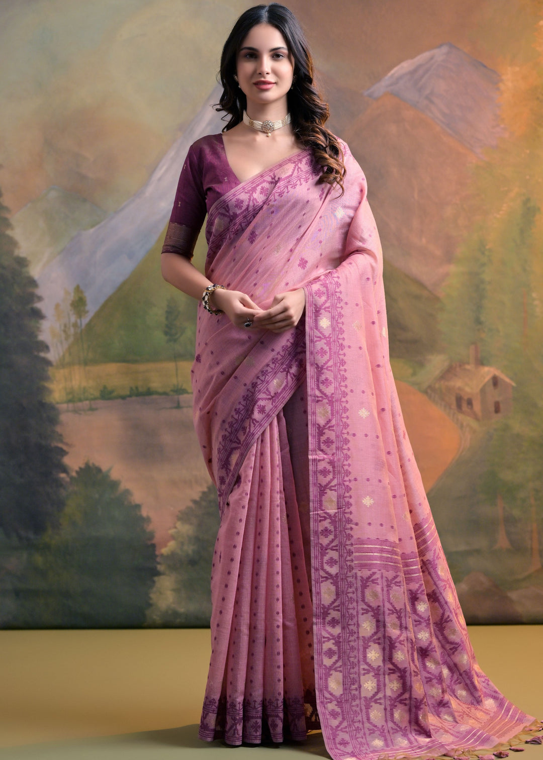 Blush Pink Thread Woven Cotton Saree With All Over Butti