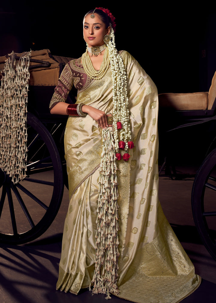 Pearl White Viscose Tissue Silk Saree with Handworked Pallu And Contrast Designer Blouse