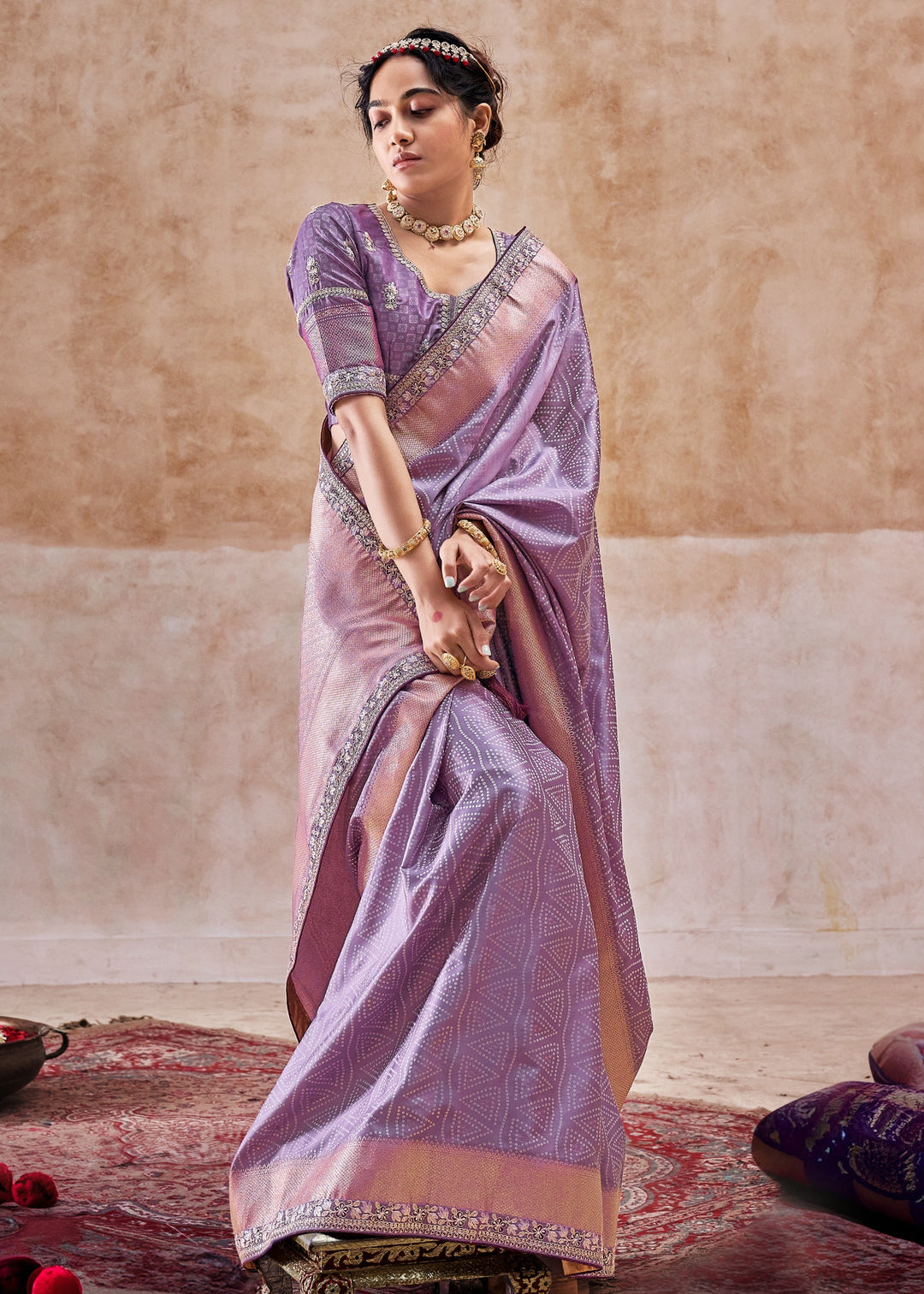 Lilac Purple Satin Silk Saree With Heavy Embroidery Lace & Blouse