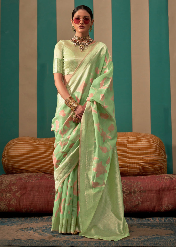 Light Green Handloom Weaving Linen Saree