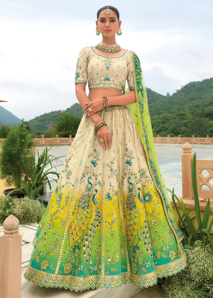 Green And White Banarasi Silk Lehenga With Heavy Embroidery Work