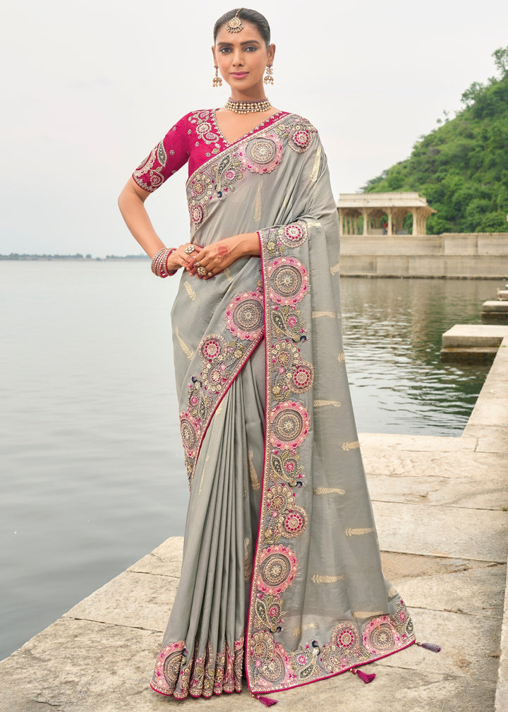 Flint Grey Viscose Tissue Silk Saree With Embroidery Cut Work Border And Sequence Work