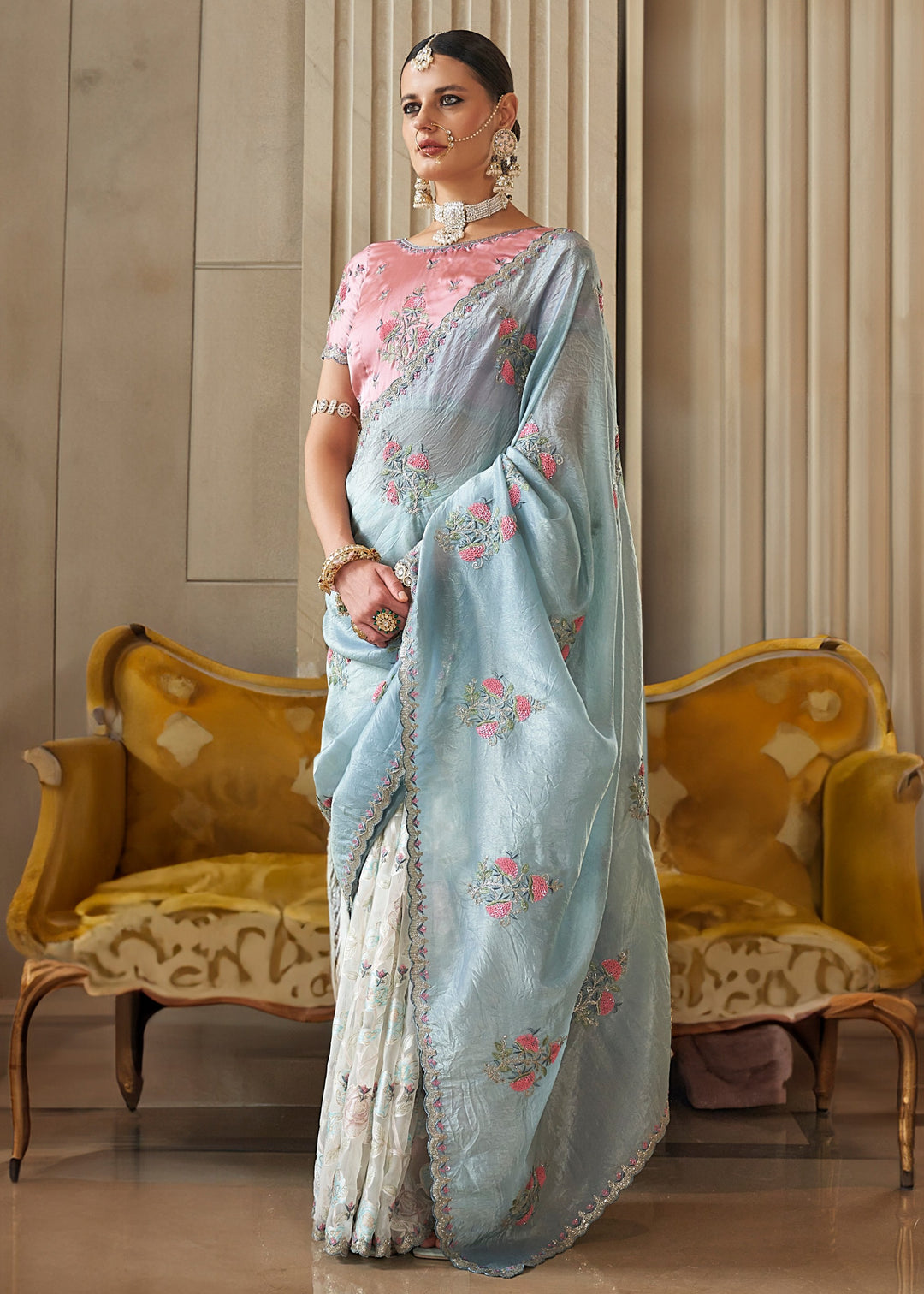 Light Blue And White Fancy Tissue Saree With Unique Work And Designer Blouse