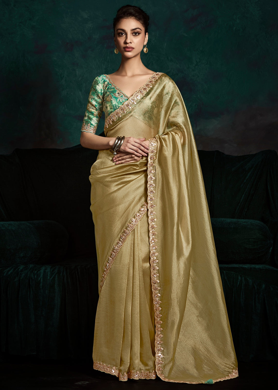 Golden Fancy Fabric Silk Saree With Sequins And Thread Embroidered Butti Work