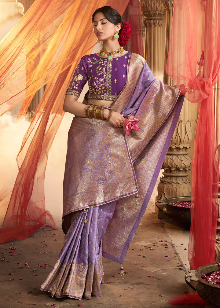 Amethyst Purple Satin Silk Saree With Beautiful Lace Border And Heavy Designer Embroidered Blouse