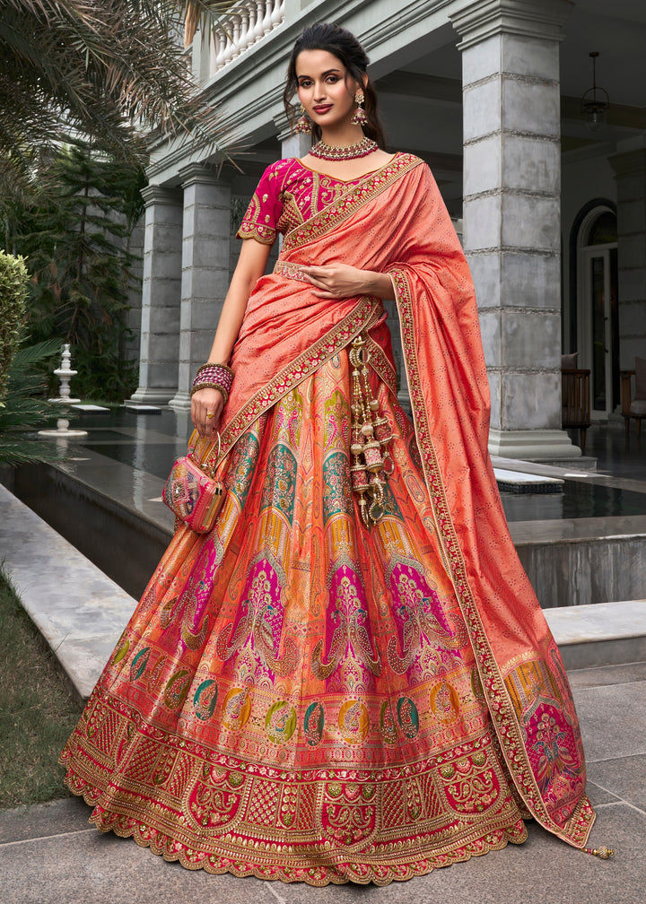 Orange & Pink Banarasi Silk Lehenga with Zarkan Codding work