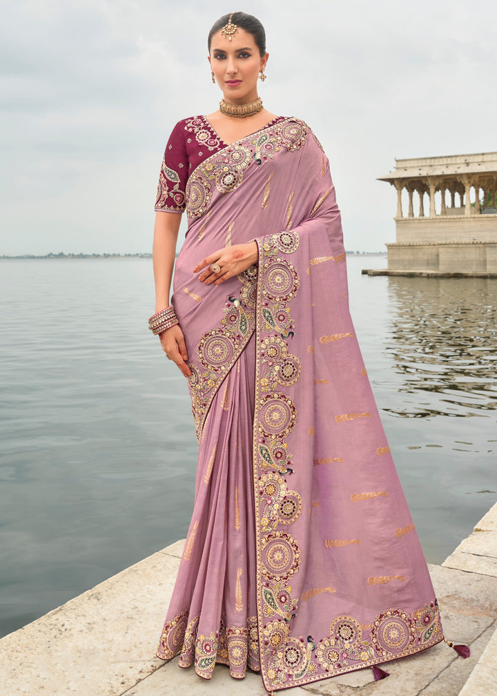 Lilac Purple Viscose Tissue Silk Saree With Embroidery Cut Work Border And Sequence Work