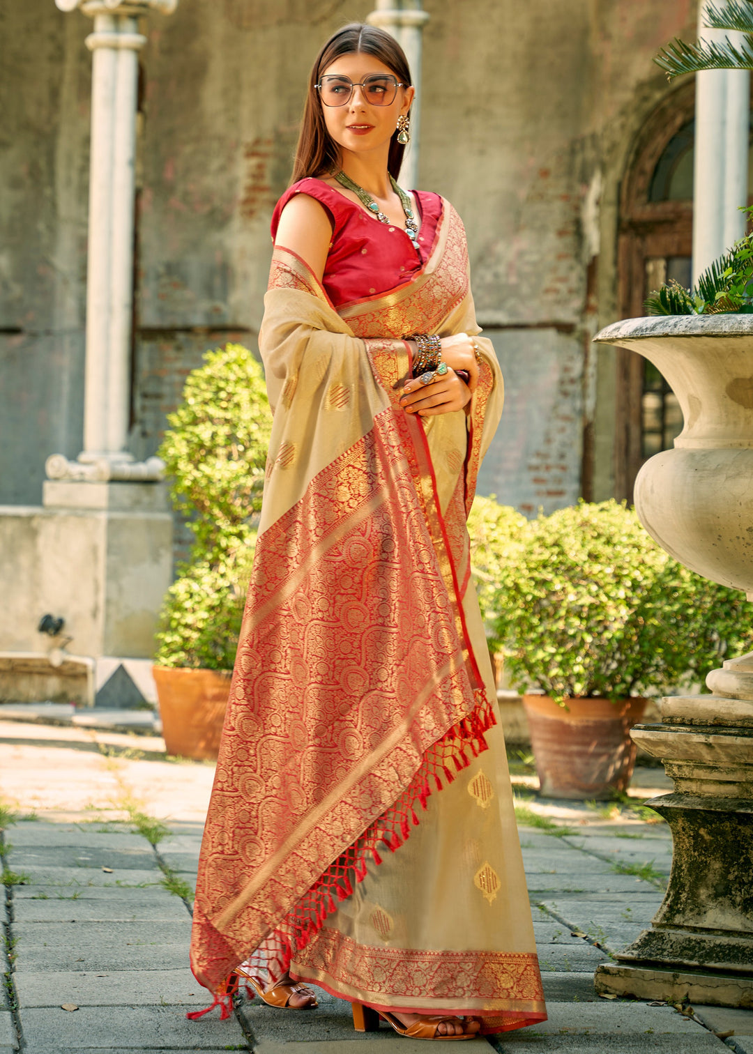 Sand Brown Soft Tissue Silk Saree With Contrast Border