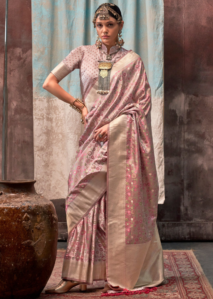 Pink Pure Satin Handloom Weaving Silk Sarees