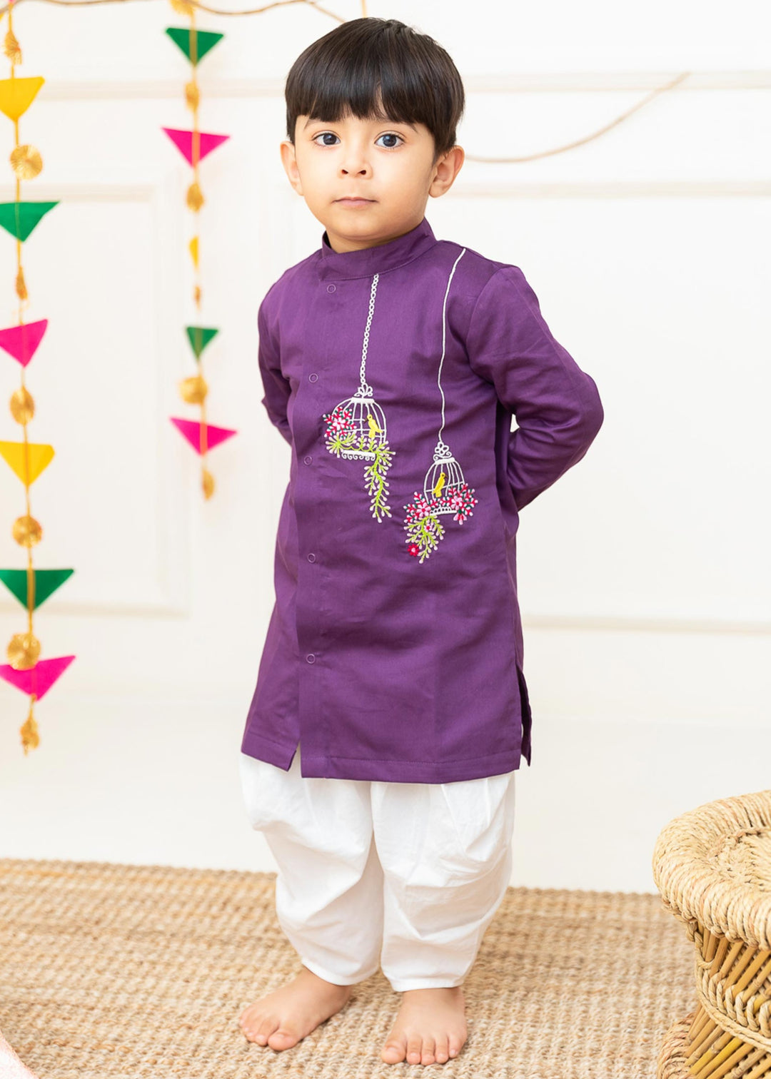 Organic Cotton Embroidered Purple Kurta paired with Patiyala Pants - Birdcages