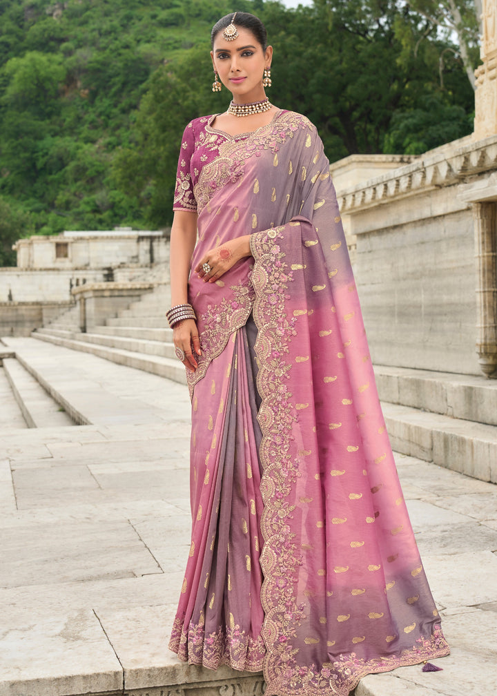 Mauve Purple And Pink Viscose Tissue Silk Saree With Embroidery Cut Work Border And Sequence Work