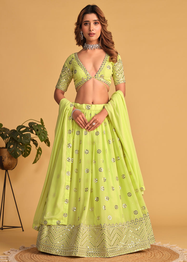 Neon Green Georgette Lehenga Choli With Sequins Zari Embroidered Work