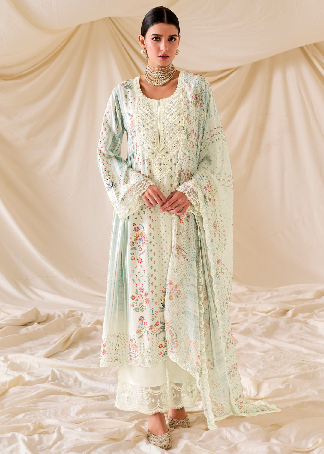 Mint Green Pure Muslin Salwar Suit with Dori Embroidery