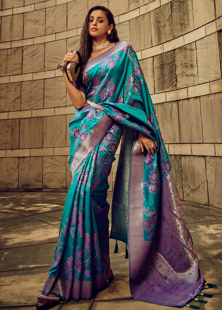 Turquoise Handloom Weaving Satin Saree