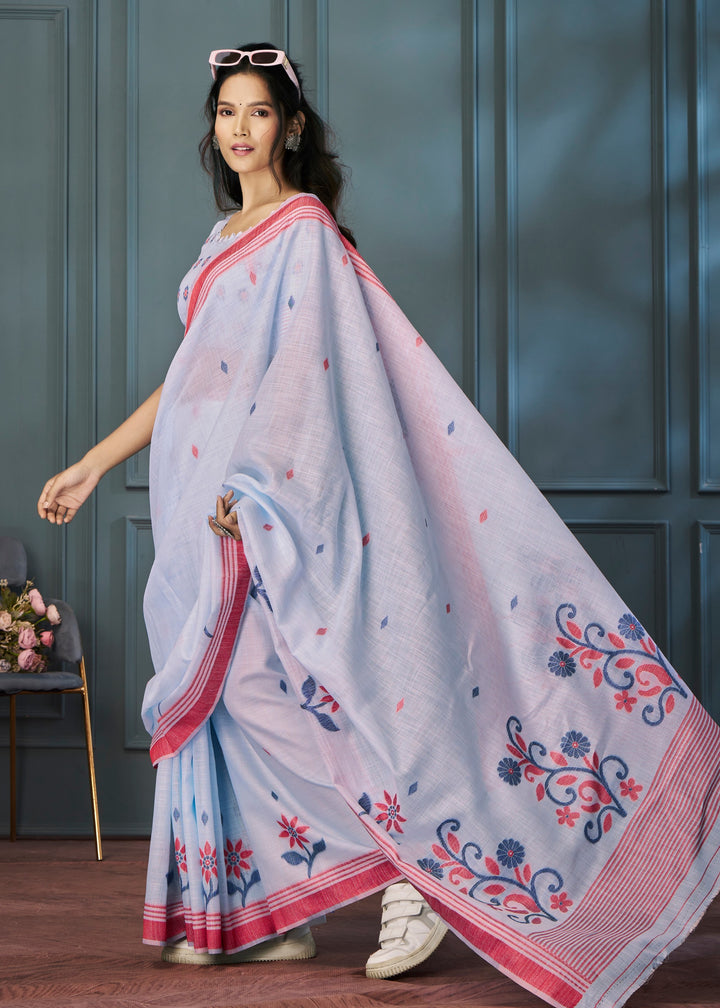 Powder Blue Handloom Linen Silk Saree with Beautiful Weaving