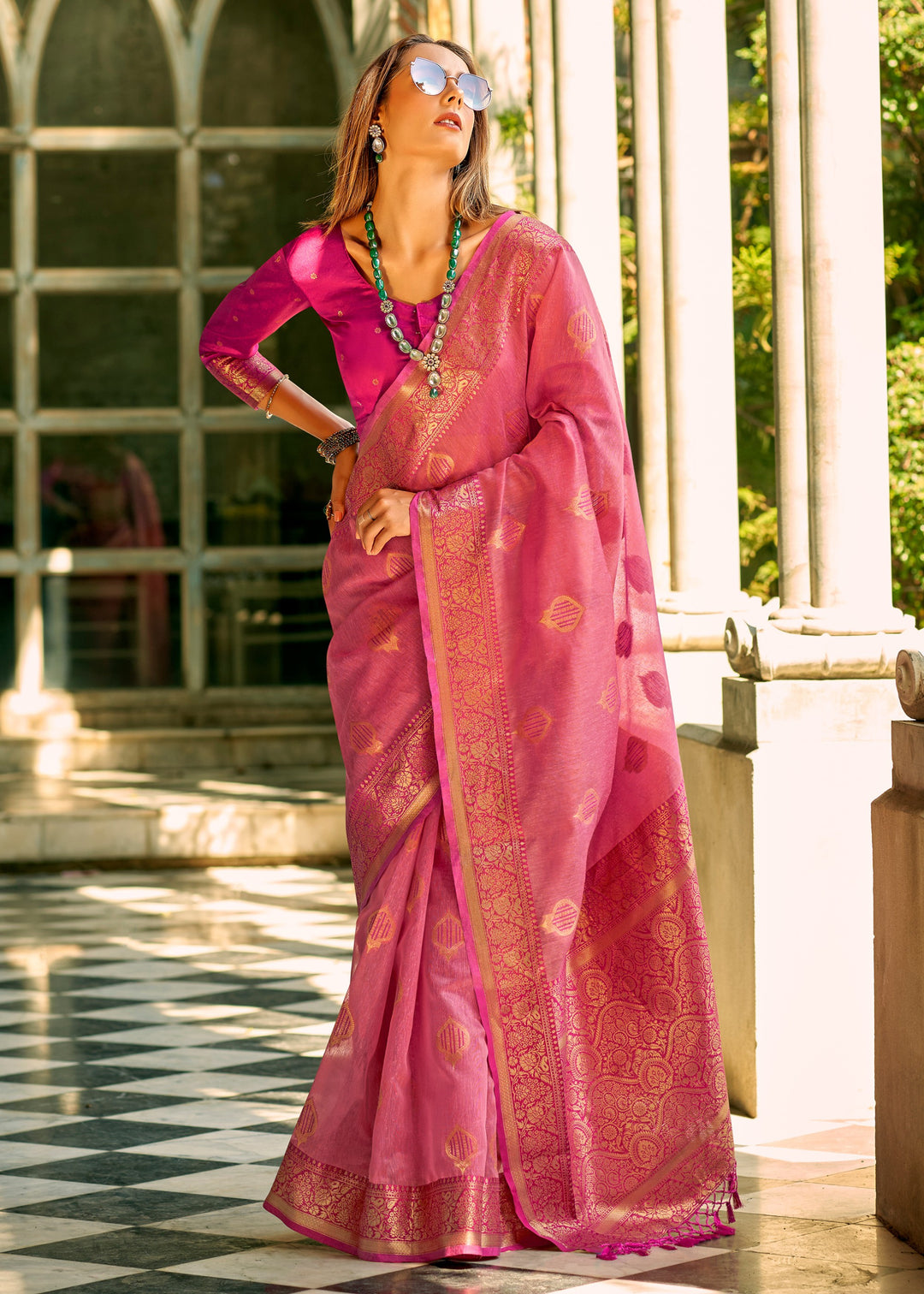 Barbie Pink Soft Tissue Silk Saree With Contrast Border