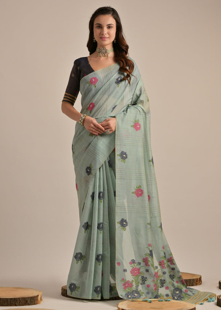 Cadet Blue Thread Woven Cotton Saree With Contrast Blouse