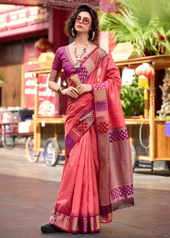 Vivid Peach Banarasi Silk Saree With Beautiful Contrast Border