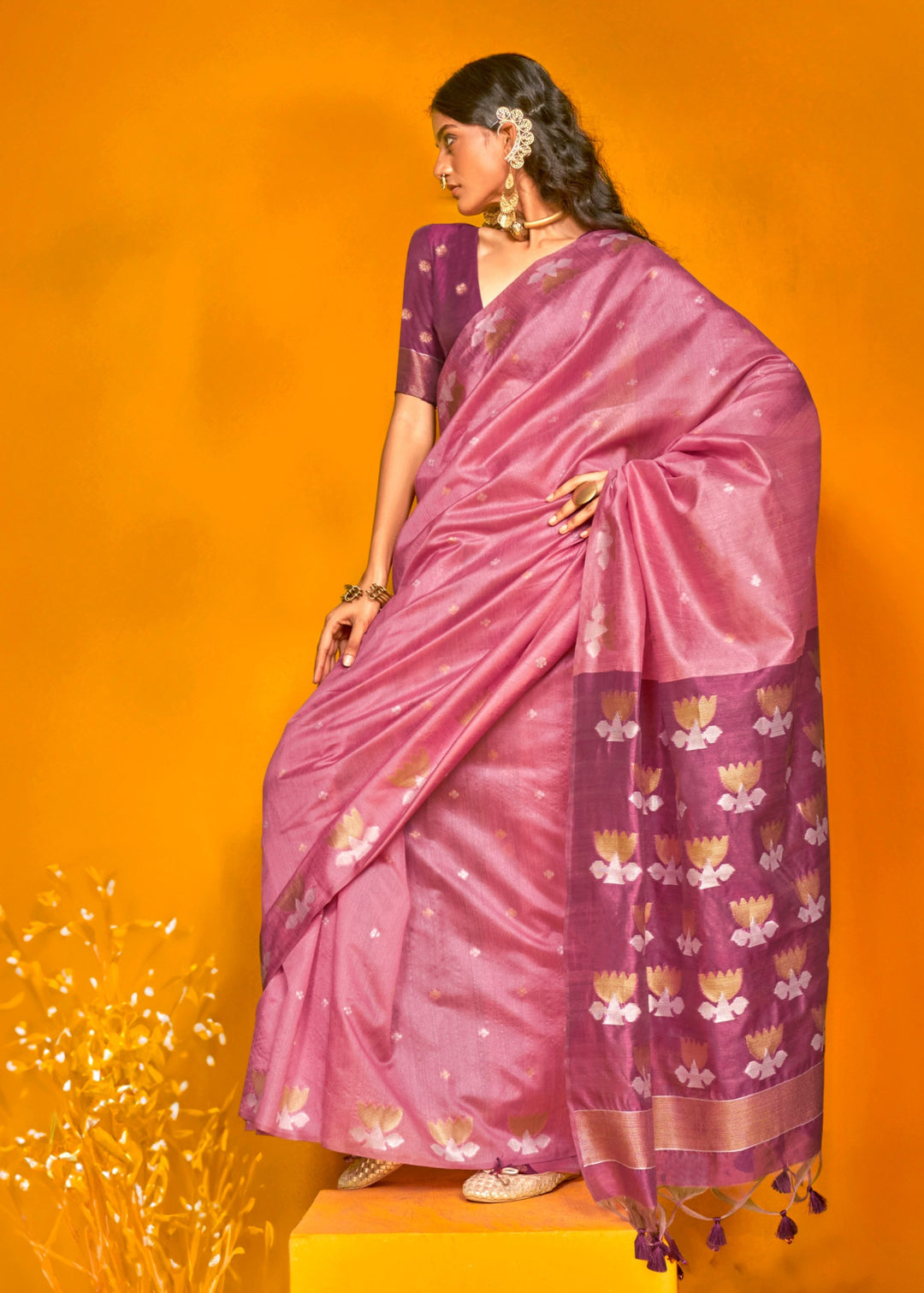 Purple Tussar Handloom Weaving Silk Saree