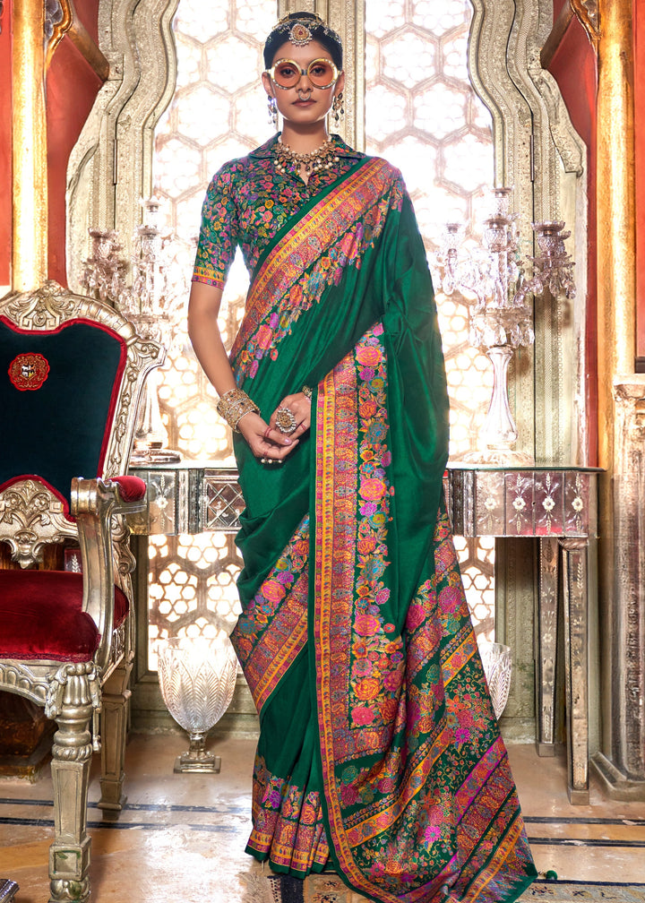 Pine Green Silk Saree With Luxury Print And Glory Finish