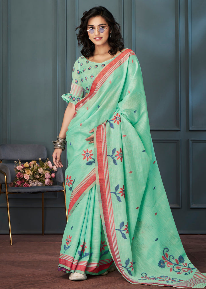 Mint Green Handloom Linen Silk Saree with Beautiful Weaving