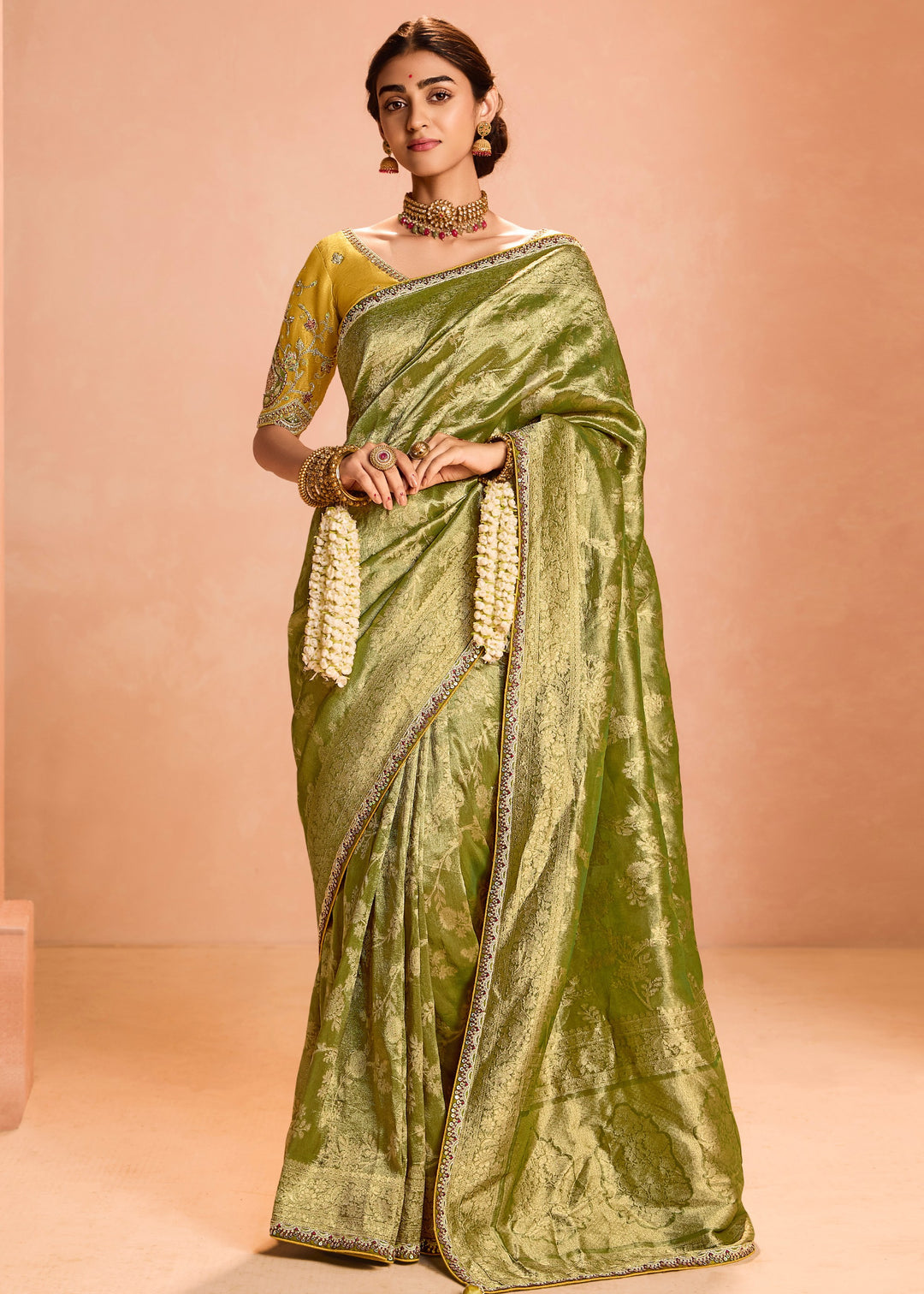 Lime Green Zari Tissue Silk Saree With Weaving Work And Heavy Embroidery Lace