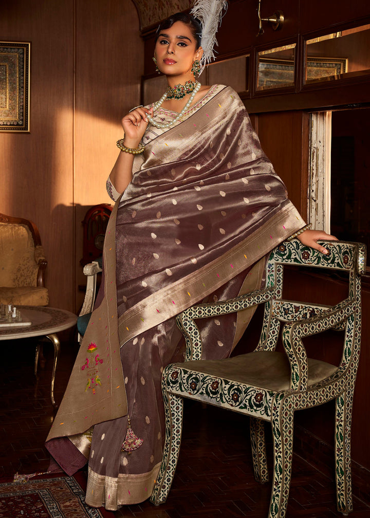 Pecan Brown Pure Tissue Paithani Silk Saree with Heavy Designer Embroidered Blouse