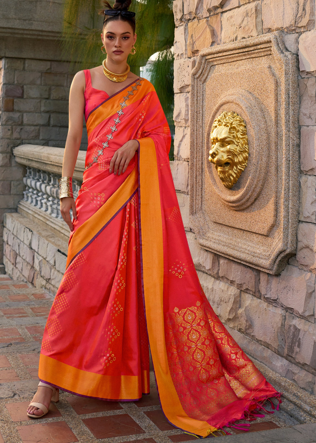 Orange Handloom Weaving Satin Silk Saree