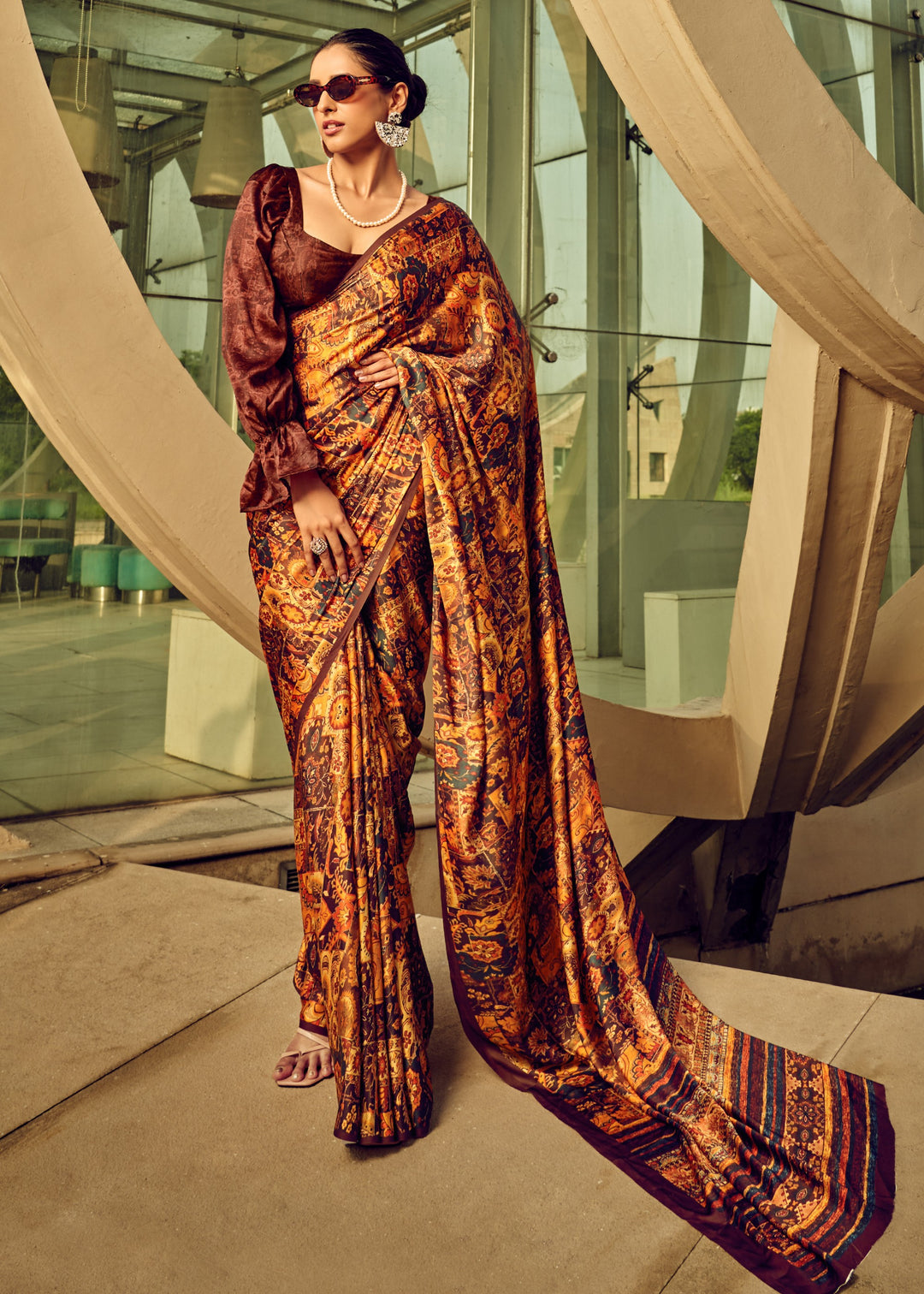 Brown Satin Digital Printed Saree