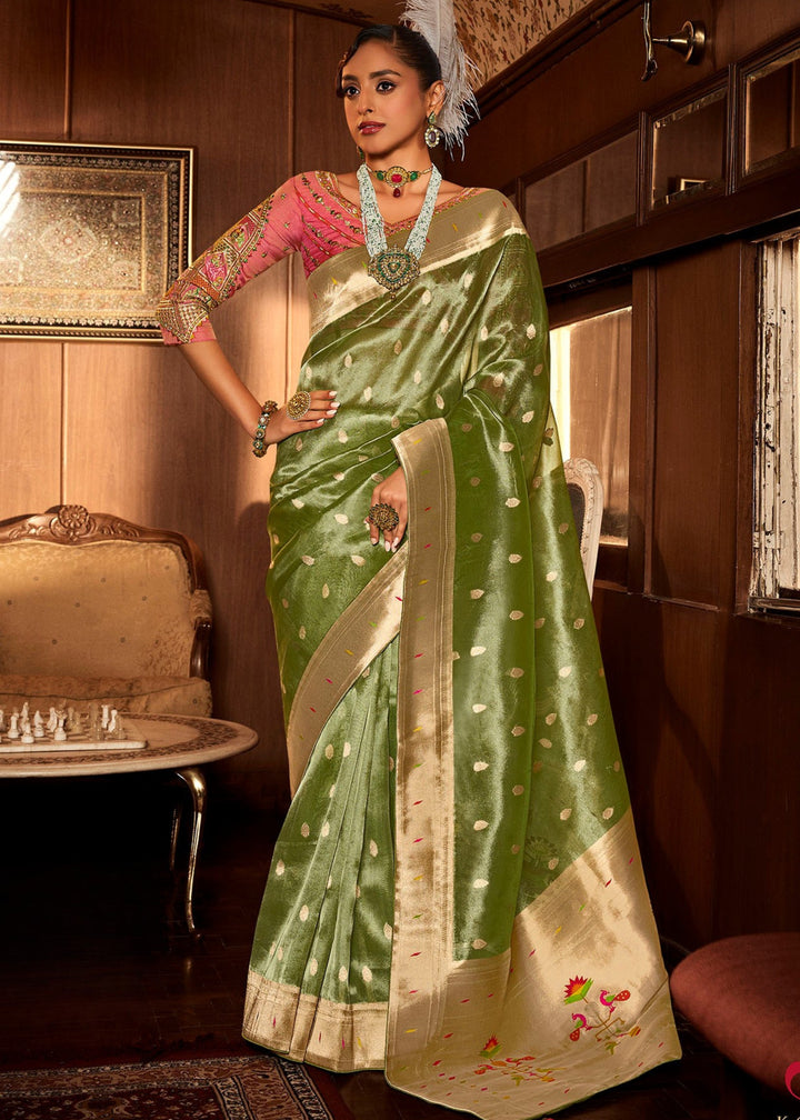 Pear Green Pure Tissue Paithani Silk Saree with Heavy Designer Embroidered Blouse