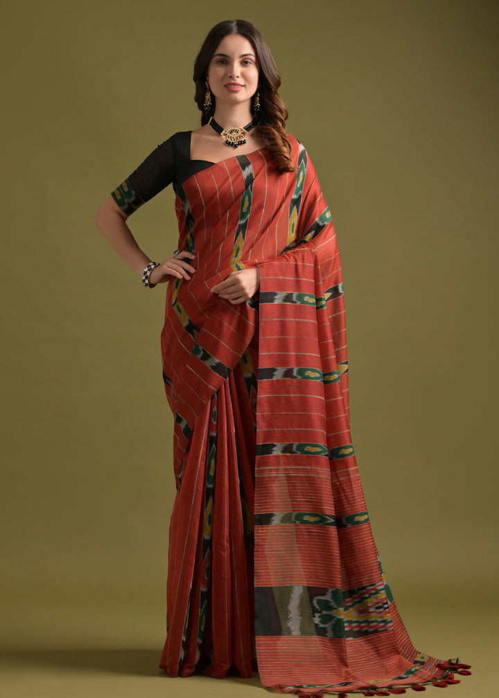 Vermilion Red Soft Ikkat Cotton Printed Saree