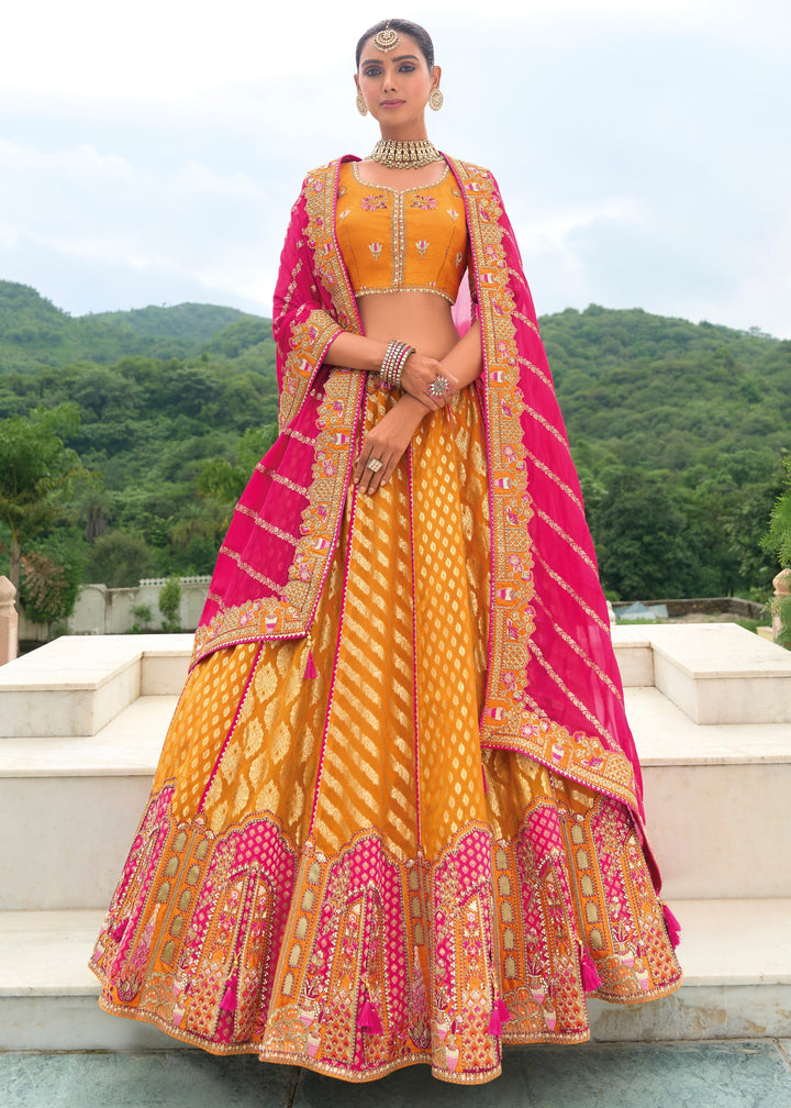 Bright Orange Banarasi Silk Lehenga With Heavy Embroidery Work