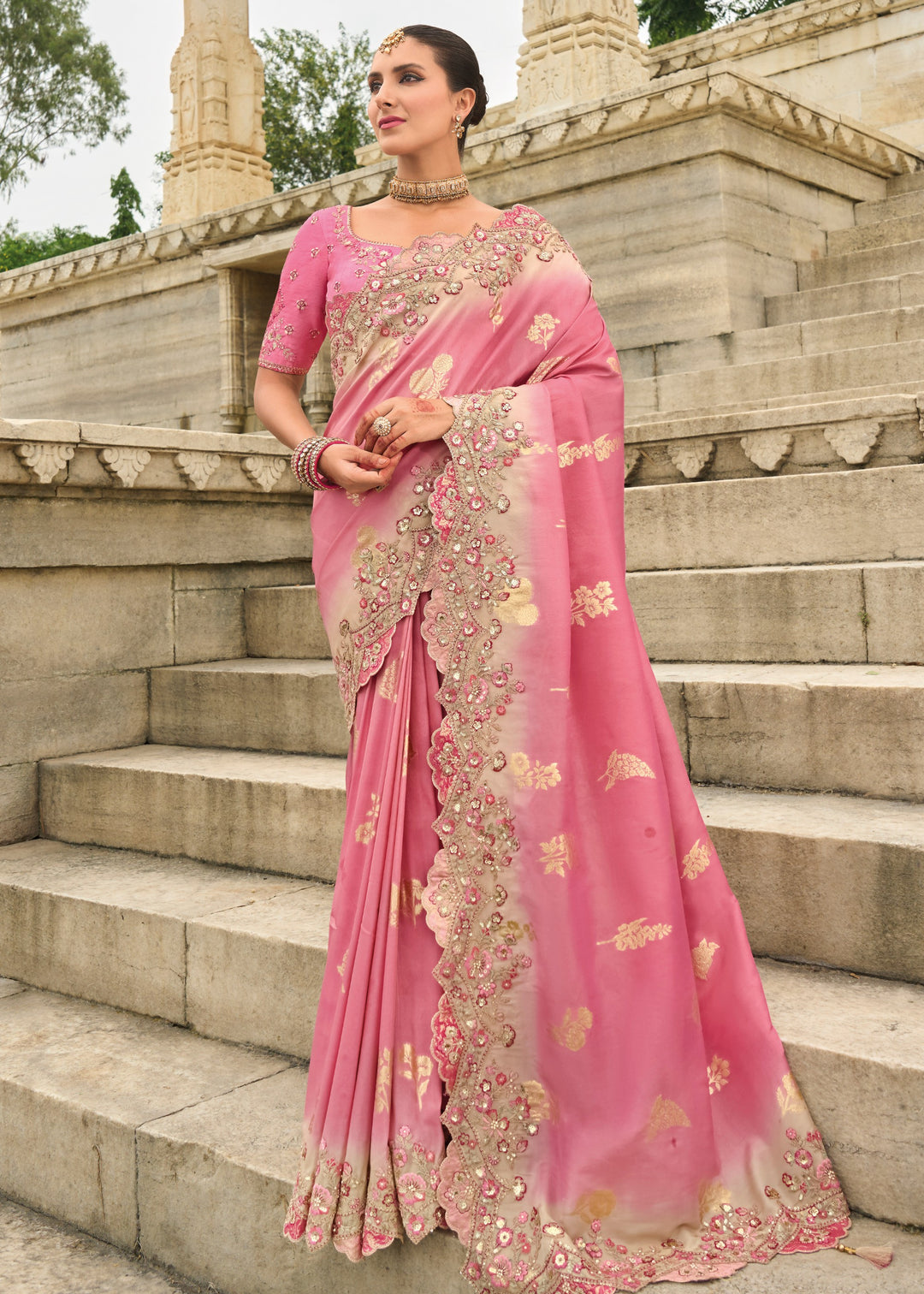 Blush Pink Viscose Tissue Silk Saree With Embroidery Cut Work Border And Sequence Work