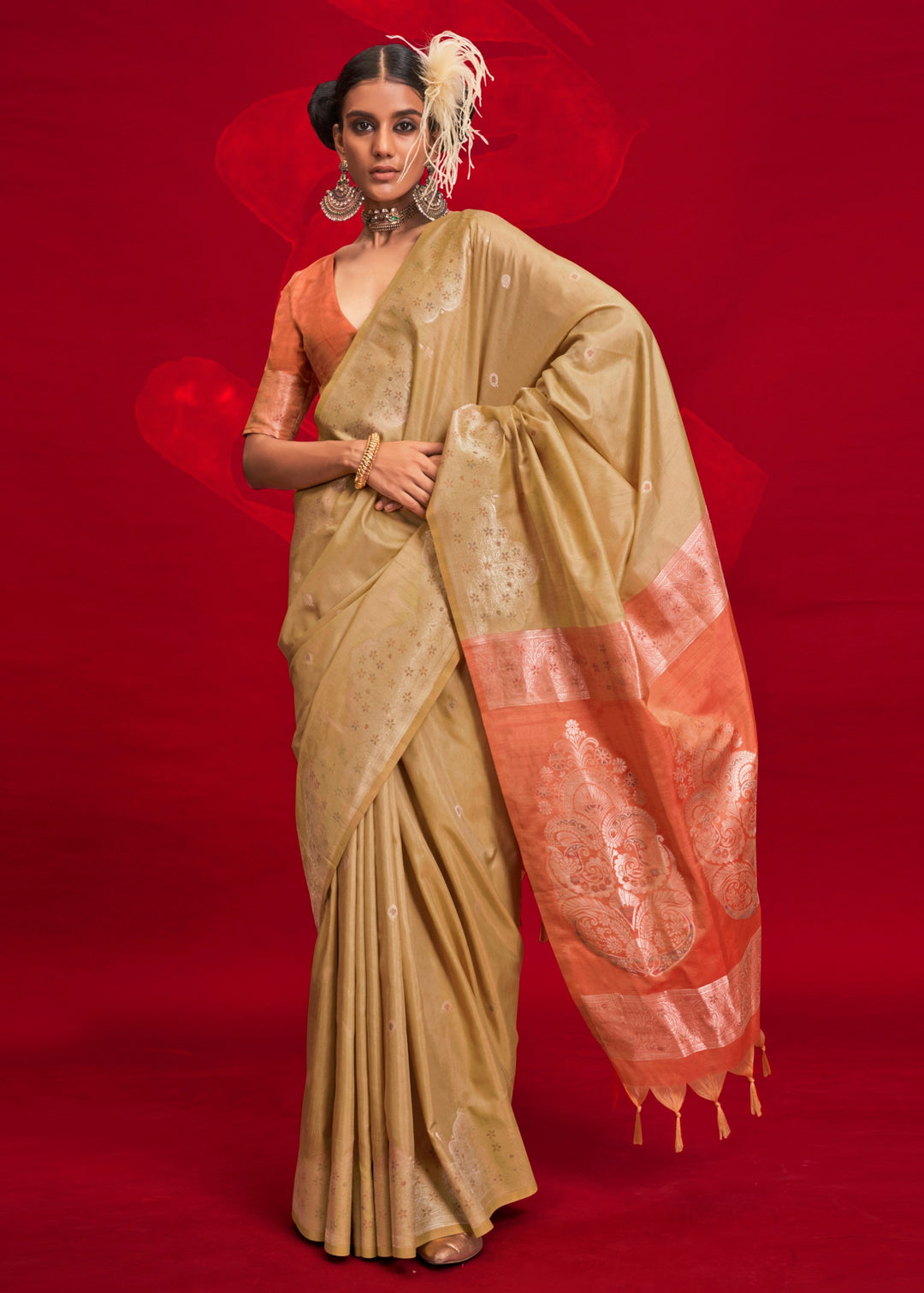 Mustard Tussar Silk Handloom Weaving Saree with Contrast Ikkat Pallu