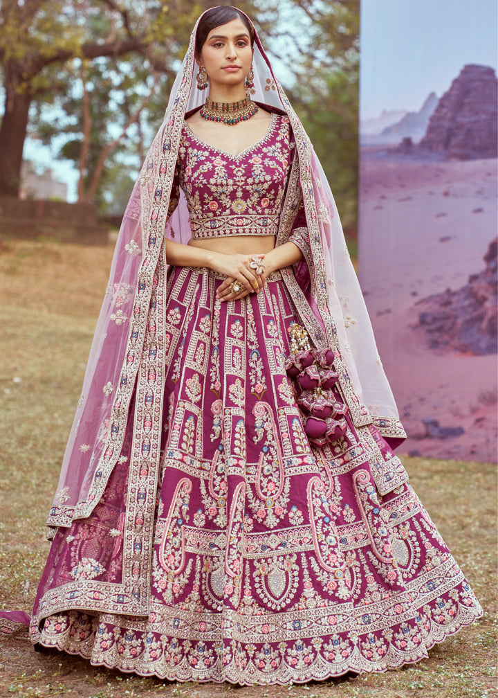 Purple Pure silk Moti, Coding embroidery Bridal Lehenga