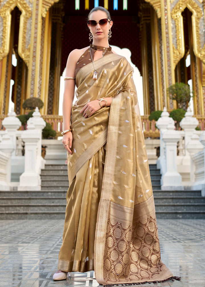 Golden Brown Tissue Silk Saree With Zari Weaving And Contrast Blouse