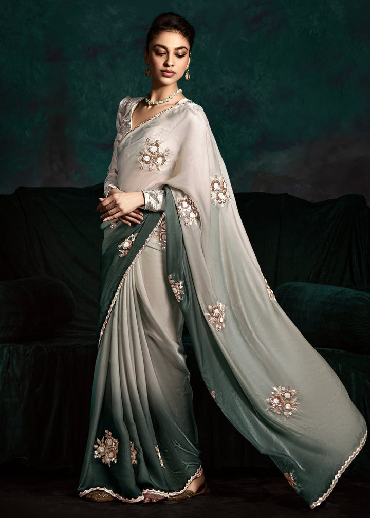 Shades of Grey Fancy Fabric Silk Saree With Sequins And Thread Embroidered Butti Work