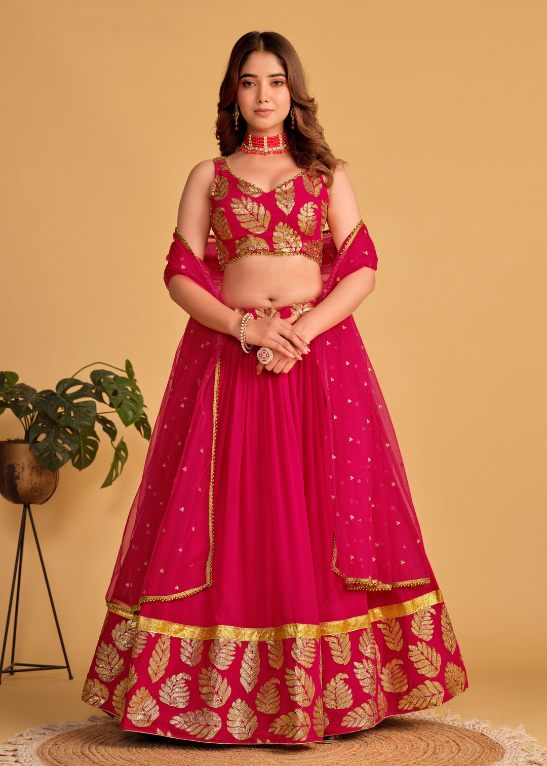 Cerise Pink Georgette Lehenga Choli With Sequins Zari Embroidered Work