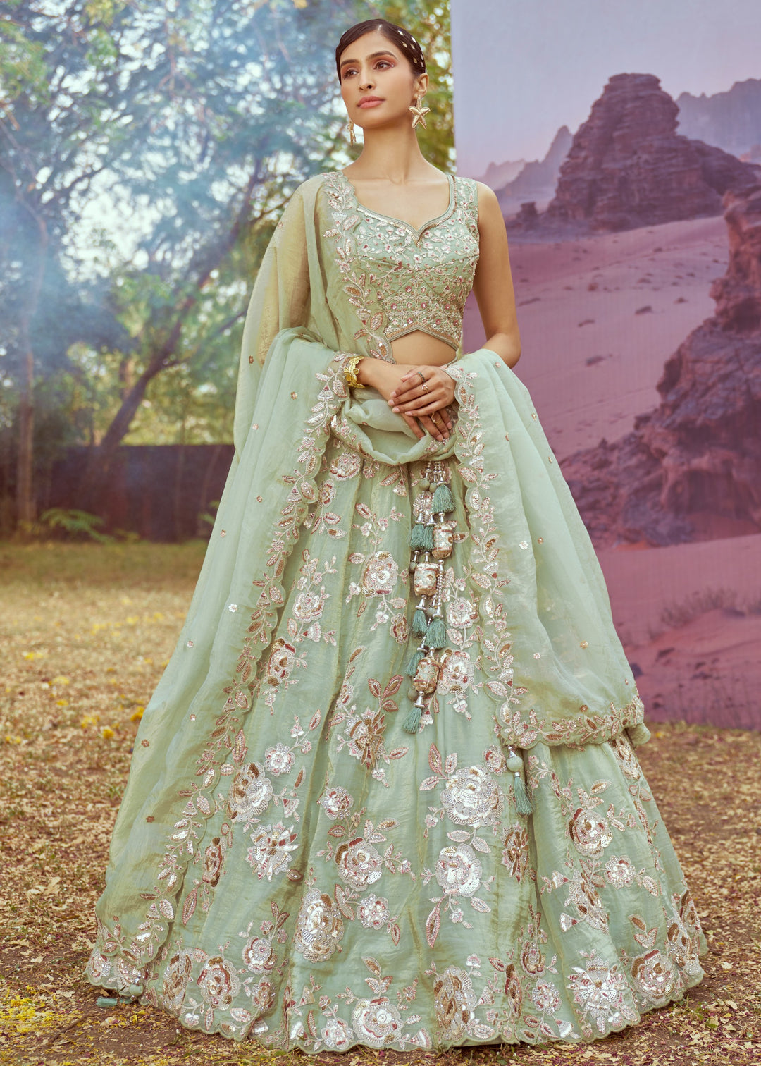 Lime Green Organza Sequins embroidery Lehenga