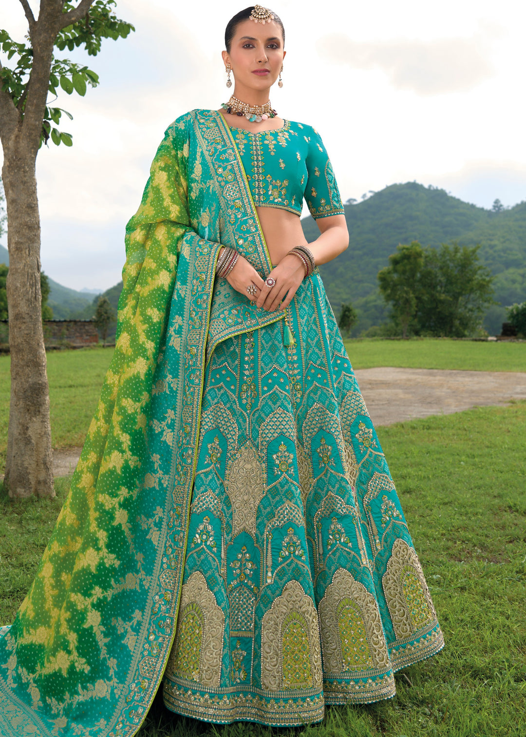 Teal Blue Banarasi Silk Lehenga With Heavy Embroidery Work