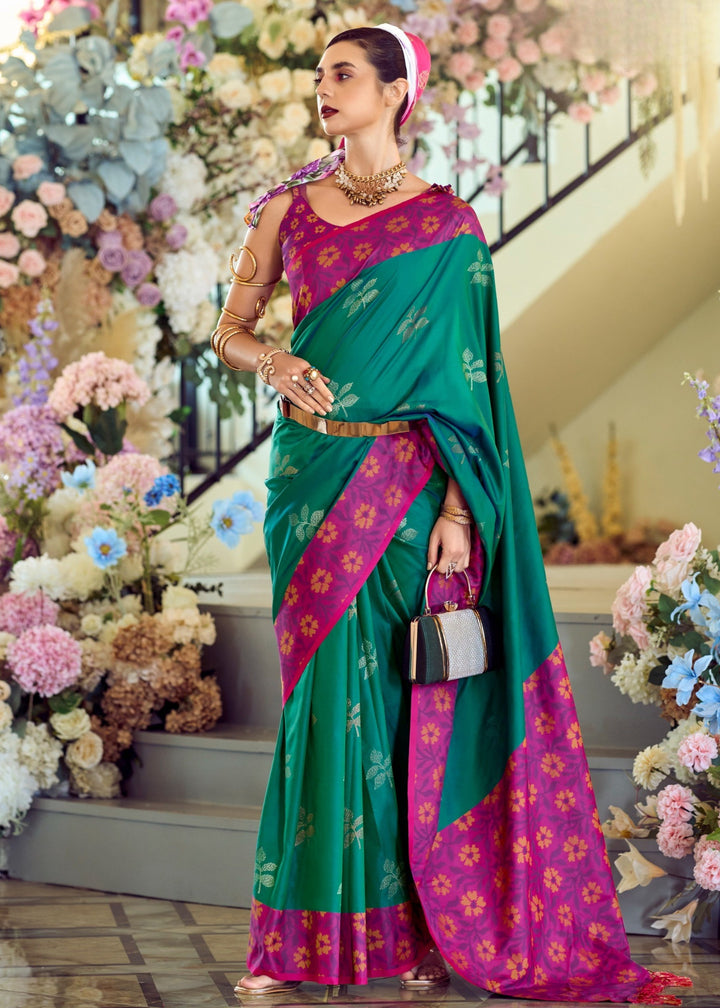 Pine Green Soft Silk Saree With Ikkat Border