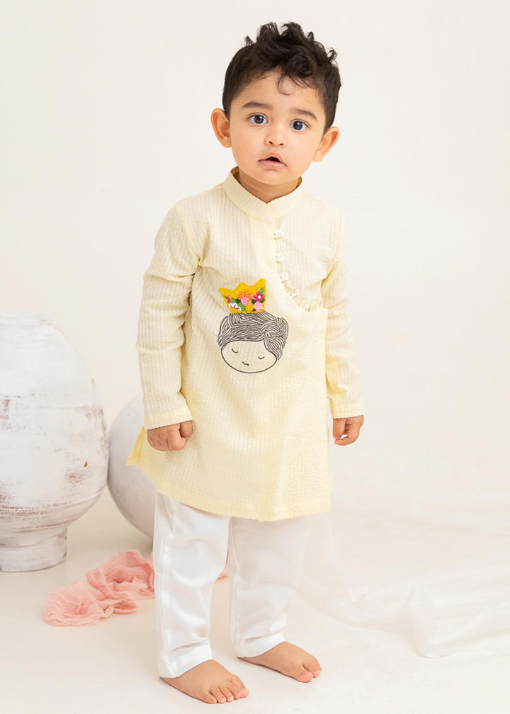 Organic Cotton Embroidered Yellow Kurta paired with Pajama Pants - Little Prince