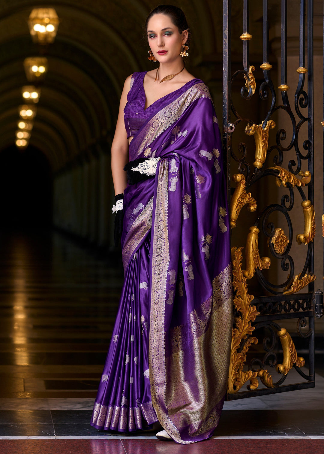 Indigo Purple Satin Mungha Silk Saree