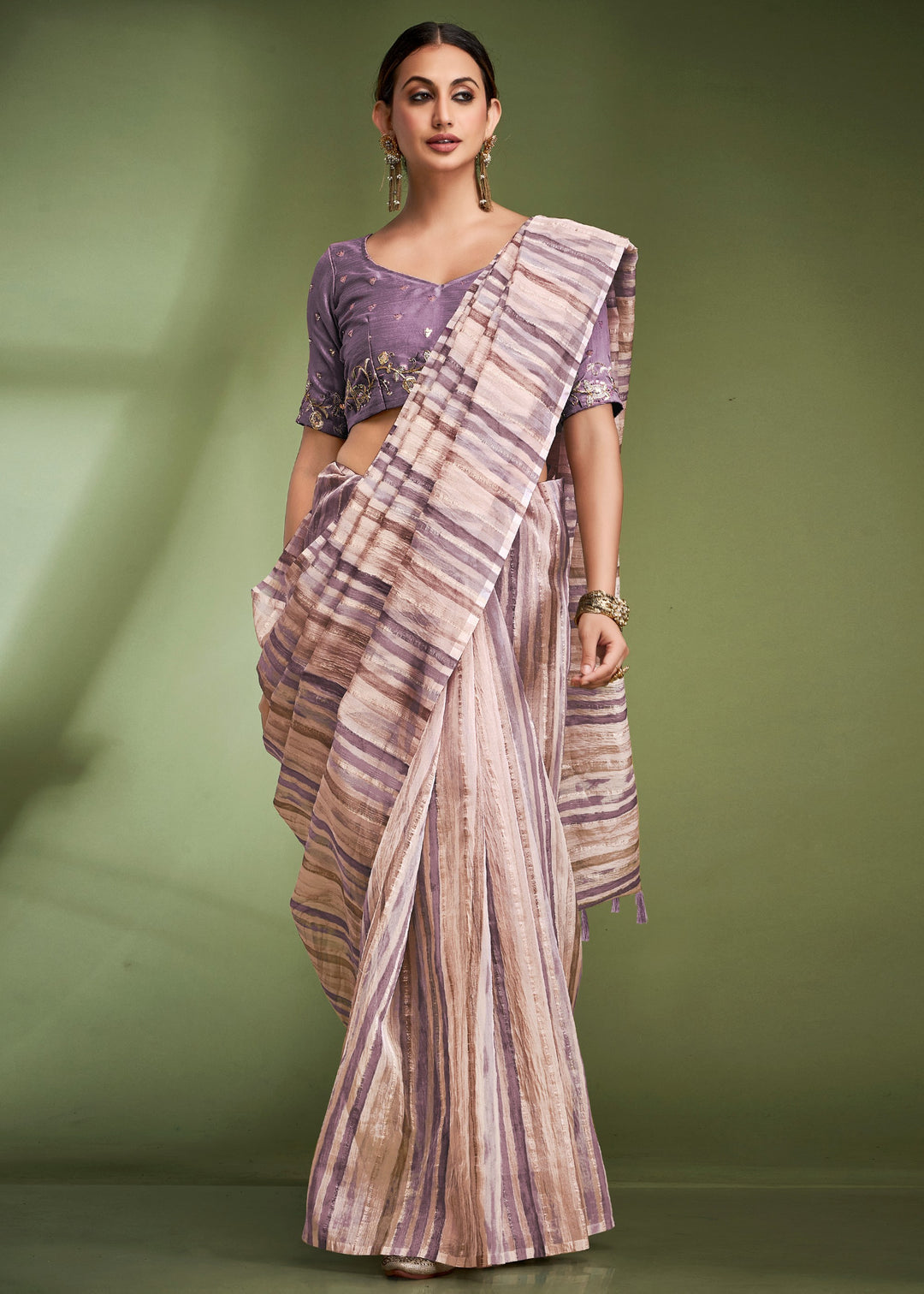 Periwinkle Purple Tissue Based Fancy Silk Saree With Designer Blouse